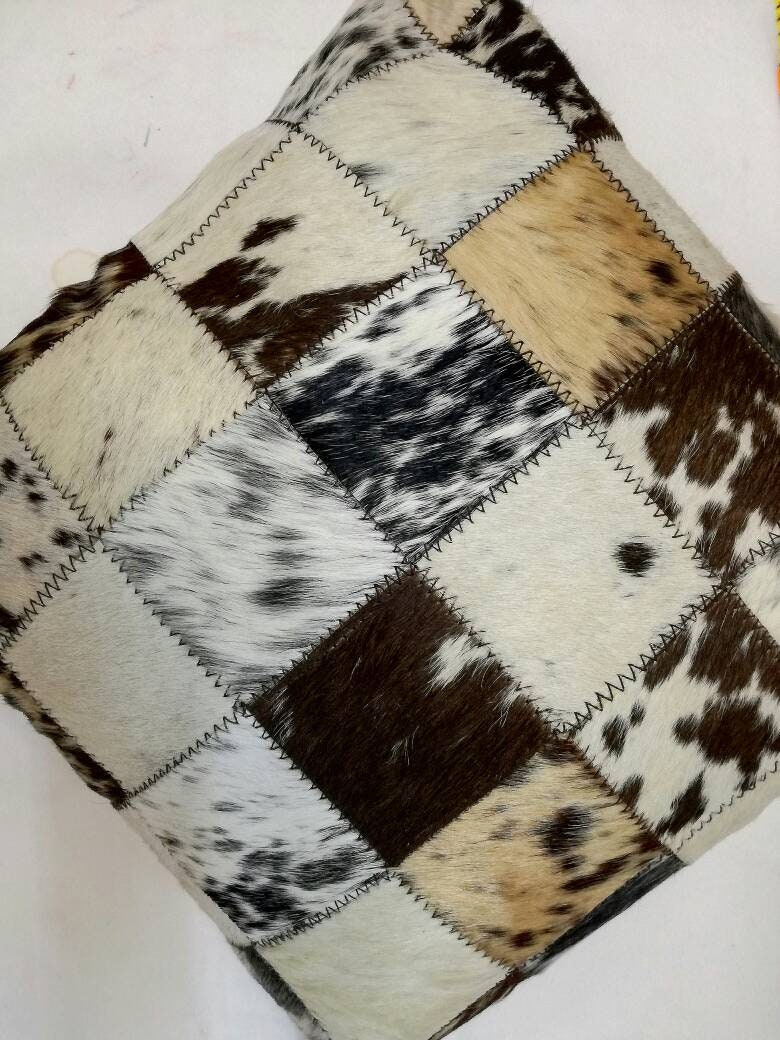 African Mixed Nguni cow leather pillow covers, 18"x18". Square Patchwork, zigzag knitting Decorative Cushion. Christmas Gifts, Ships Express