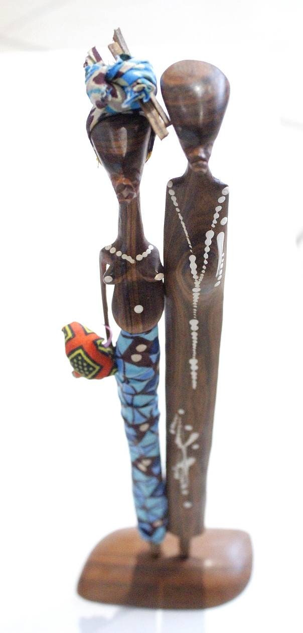 12" Tall Wooden Mozambique Sandalwood carved Maasai Couple. Handmade African Art Decorations. Kitenge Clothed, Painted Sculptures/Figurines