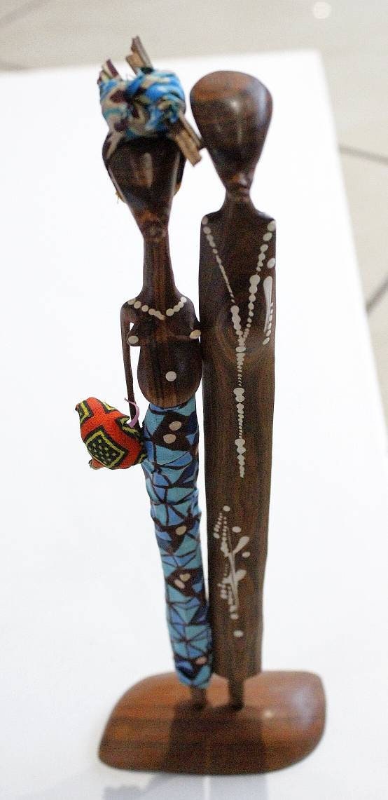 12" Tall Wooden Mozambique Sandalwood carved Maasai Couple. Handmade African Art Decorations. Kitenge Clothed, Painted Sculptures/Figurines