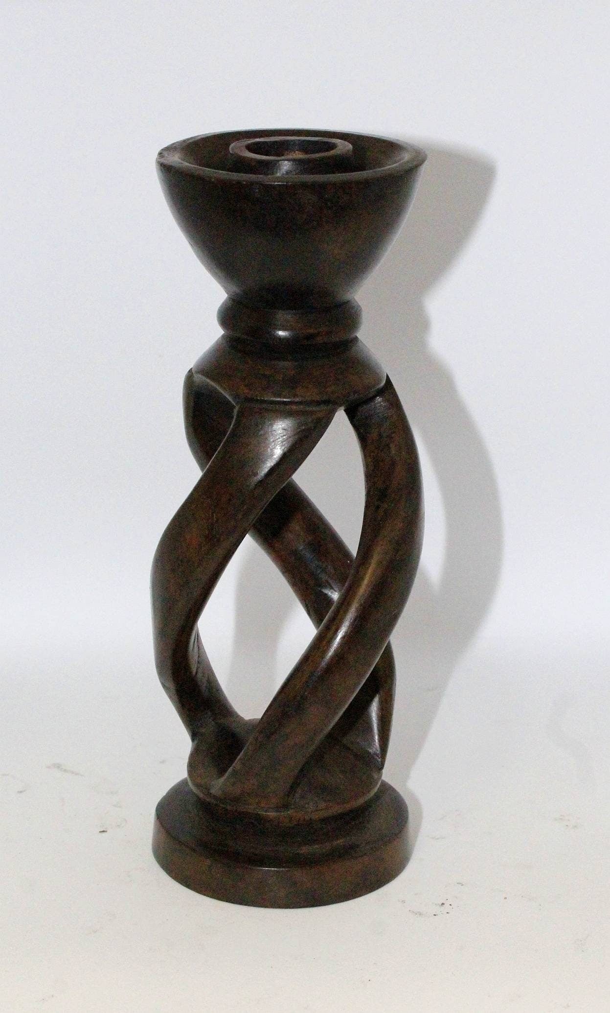 2 x Ebony Wood Spiral Candle Stands/holders. Hand carved, brown office decor. African lamp, Wedding/interior decorations. Express Shipping