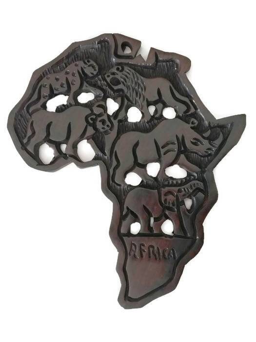 Ebony wood Big Five Carved African Map wall hanging. Hand carved polished Wall Decor Map. Wildlife /Safari Themed African Maps. Big 5 Gifts