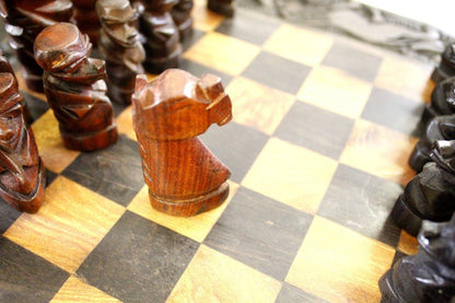 African Wood Carved Chess Board. Ebony and Iron Wood mix with Big Five Animals Carving Around. Decorative Gaming Boards. Black Brown Pieces