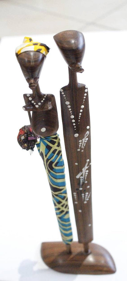 12" Tall Wooden Mozambique Sandalwood carved Maasai Couple. Handmade African Art Decorations. Kitenge Clothed, Painted Sculptures/Figurines