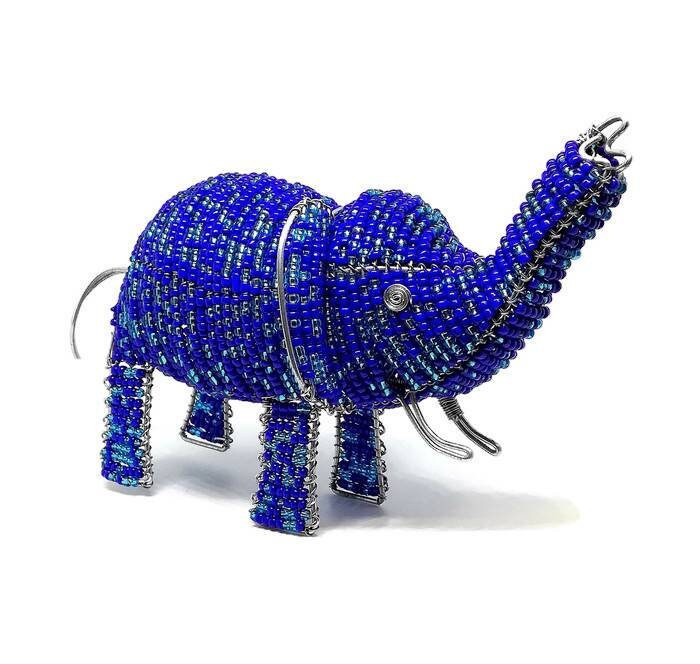 Blue Mix Beaded elephant figurines. Seed Beads and wire handmade African Art sculpture for home and office decoration. Unique animals gifts