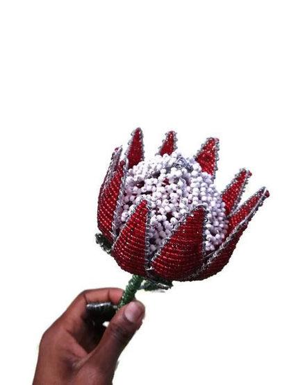 Beaded King Protea flower. Unique Wedding gifts, South Africa's National Flower. Red Green, White beads and Wire. Artificial flowers decor