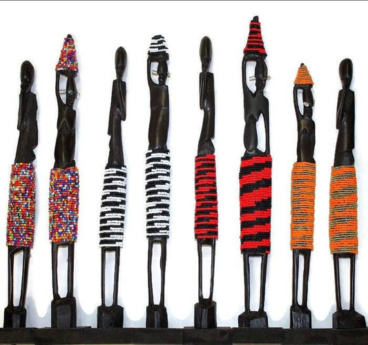 Standing African Masaai Couple wood Carved and Beaded figurines. Ebony wood man & women Sculpture with Colourful beads. Home/office decor