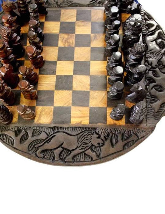 African Wood Carved Chess Board. Ebony and Iron Wood mix with Big Five Animals Carving Around. Decorative Gaming Boards. Black Brown Pieces