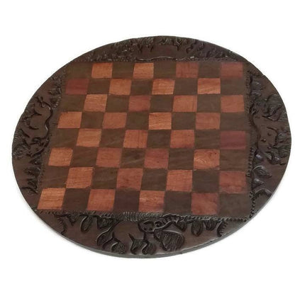 African Wood Carved Chess Board. Ebony and Iron Wood mix with Big Five Animals Carving Around. Decorative Gaming Boards. Black Brown Pieces