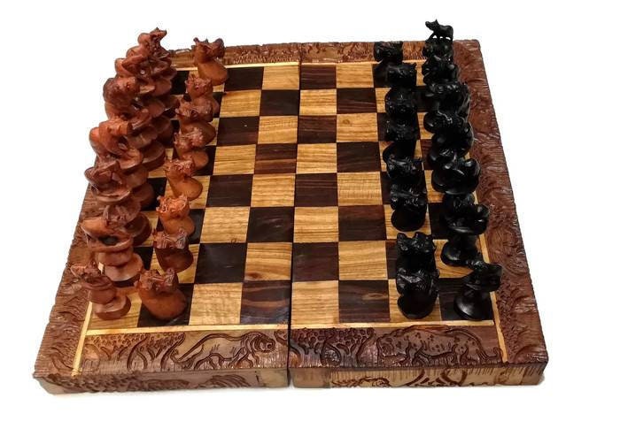 African Big Five Animals Chessboard Art. Ebony and Rose Wood Hand Carved Gaming board. Square Brown Birthday gifts. Express DHL Shipping