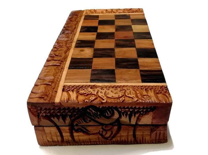 African Big Five Animals Foldable Chessboard Art with Trophy head pieces. Ebony and Olive Wood Hand Carved Gaming board. Ready to Ship Gifts