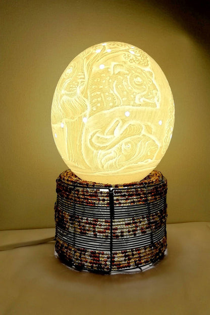 Carved Ostrich Egg Shell Big Five lamp shade. Elephant/Rhino/Lion/Buffalo/Cheetah Heads hand carved Eggs. African Home Decor lighting Gifts