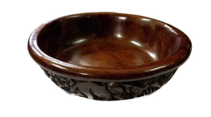 Set of 3 Carved Ebony Wood Bowls with Big Five Animals Carving Around. Brown Dinning Table Decor/ Centerpiece. African Gifts Ready to Ship