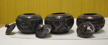 African Wooden Hand carved jewelry/ring box set. Ebony Wood with Rhino, Elephant, Tree Carvings. Can also store spices, Coffee, sugar Tea