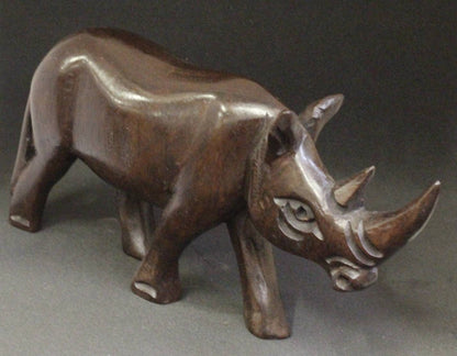 Set of 2 Smooth hand carved Rhino Sculpture. Ebony wood Malawian style Rhinoceros figurines. Unique African animals gifts