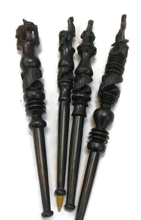 3 X Brown Hand carved Ebony WooPen with African animals. Lions, giraffe, Elephant, Eagle and more. Unique hard wood handmade Art from Malawi