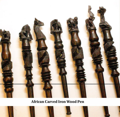 3 X Brown Hand carved Ebony WooPen with African animals. Lions, giraffe, Elephant, Eagle and more. Unique hard wood handmade Art from Malawi