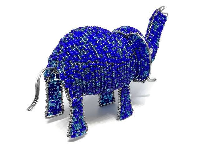 Blue Mix Beaded elephant figurines. Seed Beads and wire handmade African Art sculpture for home and office decoration. Unique animals gifts