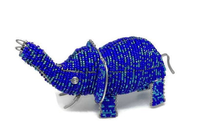 Blue Mix Beaded elephant figurines. Seed Beads and wire handmade African Art sculpture for home and office decoration. Unique animals gifts