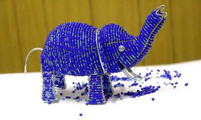 Blue Mix Beaded elephant figurines. Seed Beads and wire handmade African Art sculpture for home and office decoration. Unique animals gifts