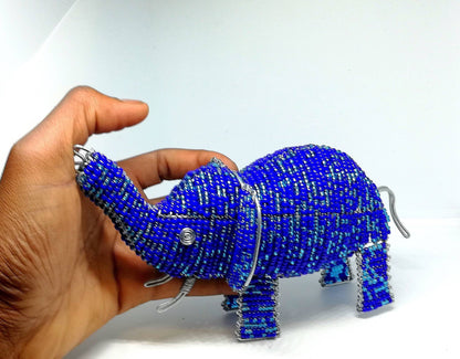 Blue Mix Beaded elephant figurines. Seed Beads and wire handmade African Art sculpture for home and office decoration. Unique animals gifts