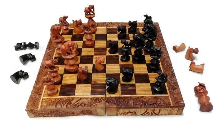 African Big Five Animals Chessboard Art. Ebony and Rose Wood Hand Carved Gaming board. Square Brown Birthday gifts. Express DHL Shipping