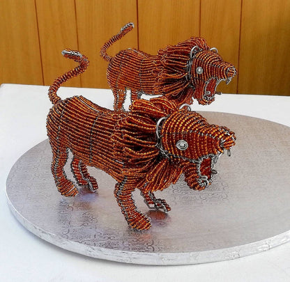 Male Lion beads and wire Animal sculpture. King of Jungle table decor figurines. Unique South African Beaded animals display/gifts items.