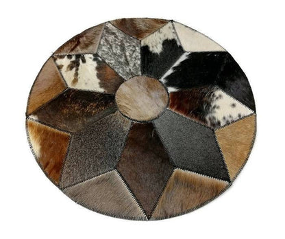 19 inch Nguni Cow Hide Patchwork Rugs. Authentic mixed leather patches, Star pattern on circle design with over lock joining. African Decor