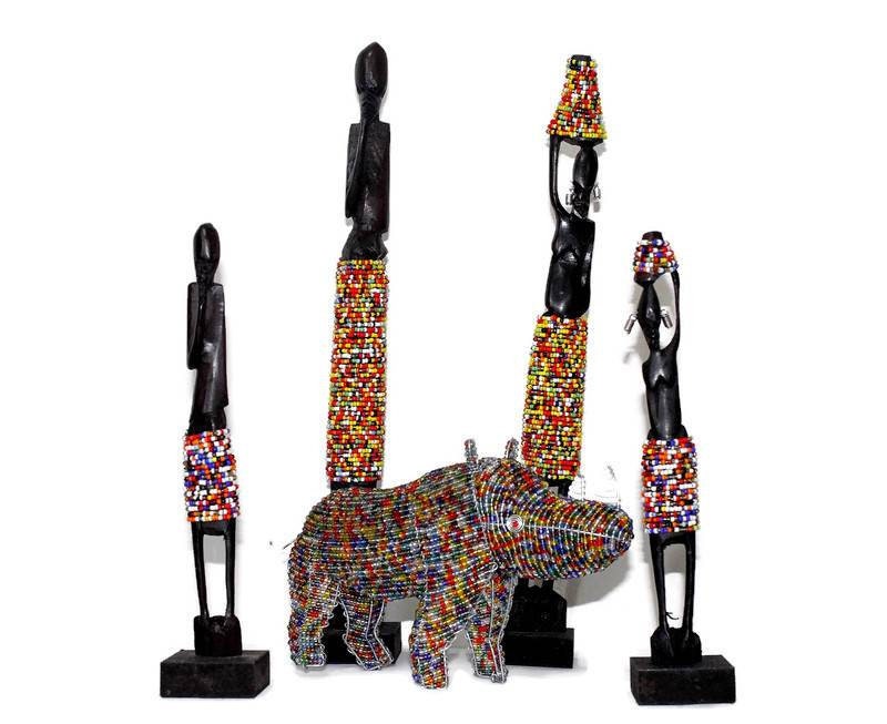 African Masaai Couples and Colourful Beaded Rhino giftset. 2 Carved Ebony Wood + beads structures and 1 bead and wire Animal. Wedding Gifts