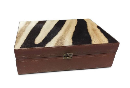 Zebra Print leather Storage box. Unique mix cow hide authentic skin artwork. 33cm x 25cm x 10cm. Weddings / Birthday gifts Shipping Express