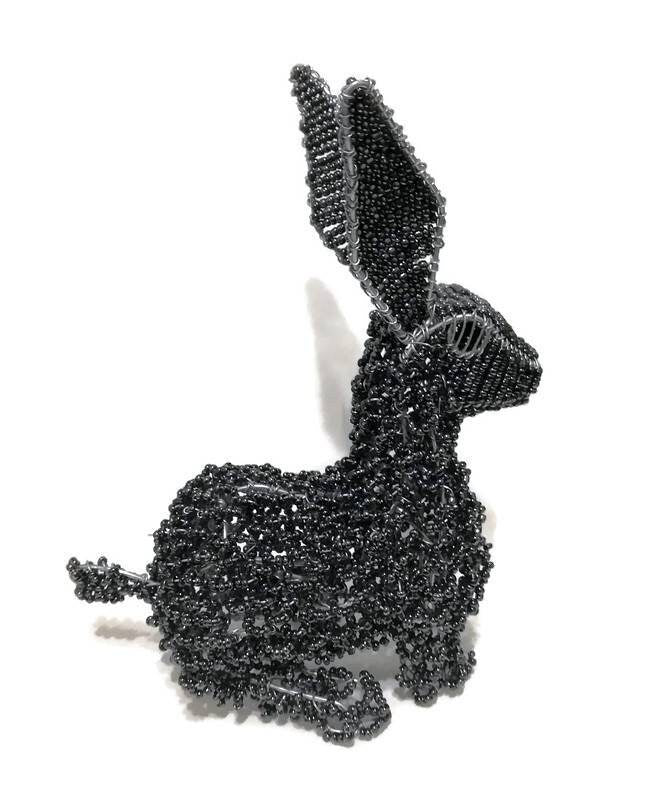 Beaded charcoal sitting Bunny, bead and wire rabbit unique handcrafted African animals art. Housewarming gifts from South Africa by JNGcape