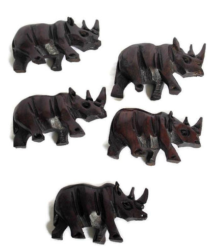 5 Carved Ebony Wood Rhino figurines. Mini Decor Sculptures for the love of wildlife. African Big 5 thank you gifts. Express Shipping