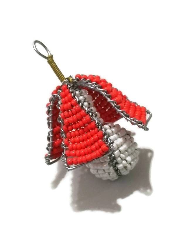 3D beaded Christmas bell. Red and white jingle bells decor. African handmade Christmas tree Decor ornaments. Set of 3, Shipping Worldwide