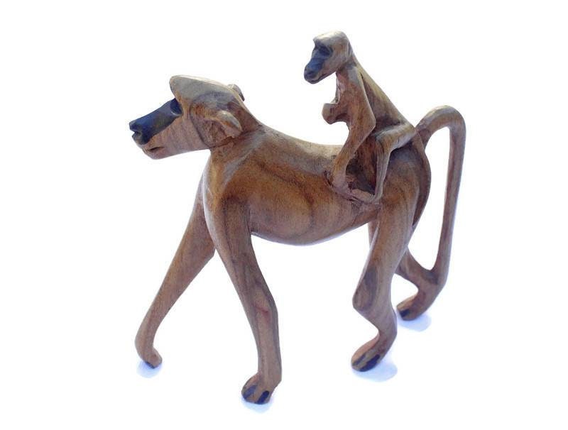 Olive wood Walking baboon with infant. Unique African handmade interior decor art. Made in Zimbabwe, housewarming gift ready to Ship Express