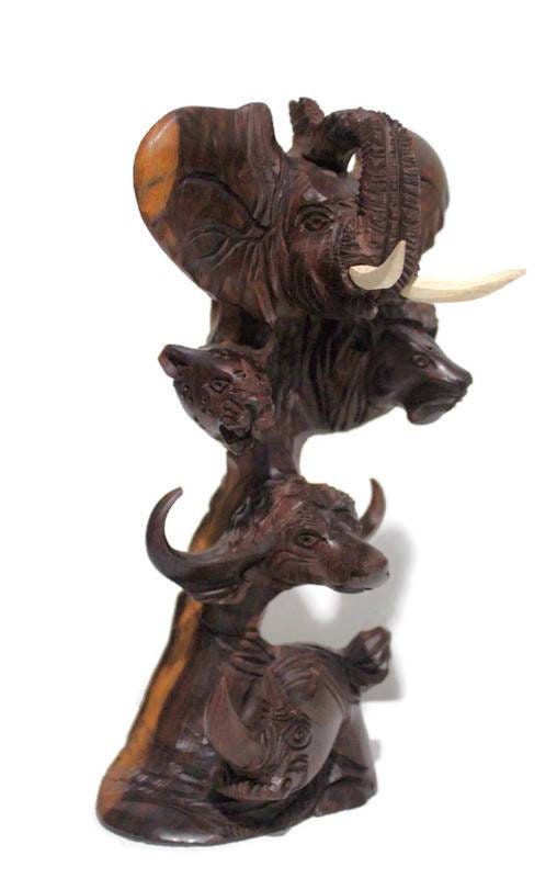 Ironwood Carved lifelike Big Five heads. Trunk Up Elephant, Lion, Cheetah, Buffalo and Rhino heads on a beautifully crafted hardwood piece.