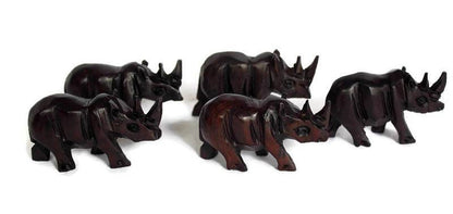 5 Carved Ebony Wood Rhino figurines. Mini Decor Sculptures for the love of wildlife. African Big 5 thank you gifts. Express Shipping