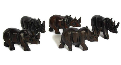 5 Carved Ebony Wood Rhino figurines. Mini Decor Sculptures for the love of wildlife. African Big 5 thank you gifts. Express Shipping