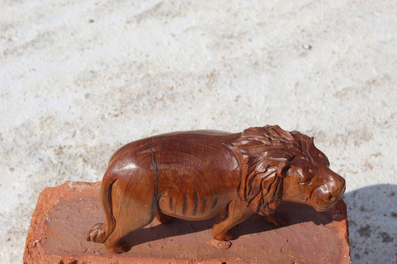 Hard Olive wood lion Carving. Hand carved Wooden animal figurines. Unique African handmade Sculptures. Christmas gifts home Decor Art