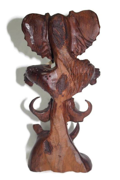 Ironwood Carved lifelike Big Five heads. Trunk Up Elephant, Lion, Cheetah, Buffalo and Rhino heads on a beautifully crafted hardwood piece.