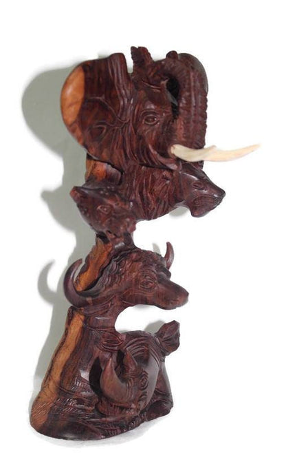 Ironwood Carved lifelike Big Five heads. Trunk Up Elephant, Lion, Cheetah, Buffalo and Rhino heads on a beautifully crafted hardwood piece.