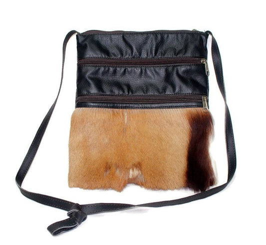 Springbok Leather Crossbody bag. Mix of Authentic and Faux leather. Genuine fur and beautiful shades of brown. Unique African Gifts, 30x25cm