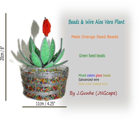 Beaded Aloe Vera plant on a Colourful beads and wire handmade African vase. Unique Hand crafted Christmas gifts. Vase can be customized