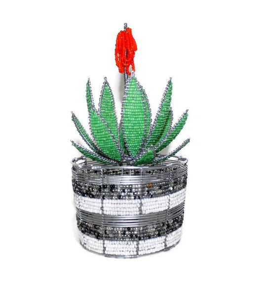 Beaded Green Aloe Vera plant/artificial flower with orange. Black, White Silver and clear Vase. African Gifts home/Office table centerpieces