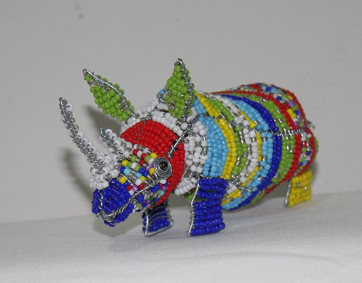 Mixed Colors beads and wire Rhino Sculpture. Unique African handmade animal figurines. 17cm x 8cm multi coloured Rhinoceros Art Decor.