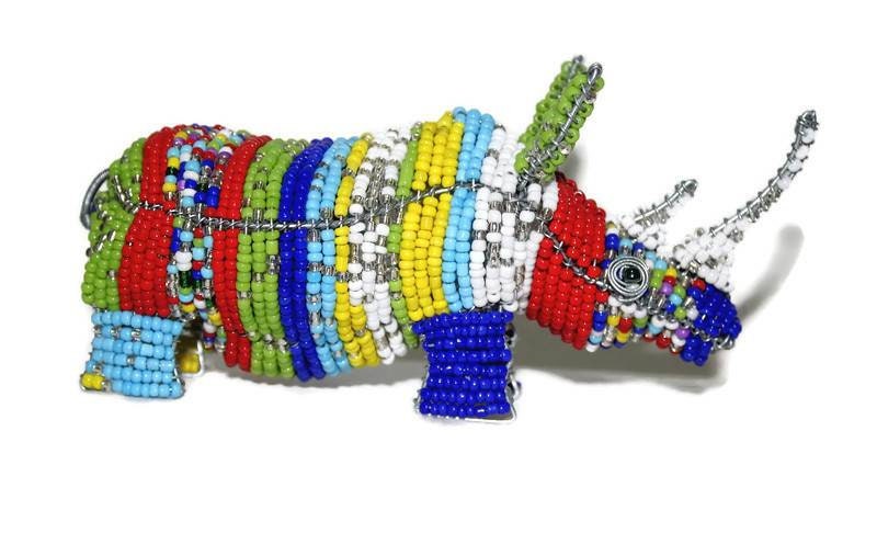 Mixed Colors beads and wire Rhino Sculpture. Unique African handmade animal figurines. 17cm x 8cm multi coloured Rhinoceros Art Decor.