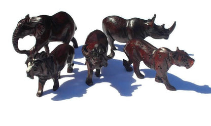 Ironwood Carved Big Five Animals mini figurines. Set of 5 standing lifelike Sculptures. Zimbabwean style brown hardwood art. Unique gifts