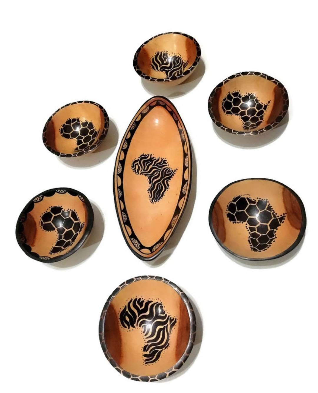 Set of 7 African Map theme Teak wood bowls. Zebra and Giraffe animal print designs black paint on smooth light brown teak Wood. Unique Gifts