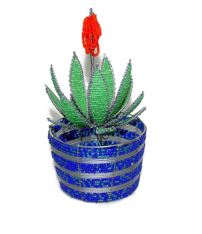 Green Aloe Vera plant on Blue Mixed Seed and glass beads Vase. Home decor artificial flower, handmade gifts. Shipping Worldwide by JNGcape