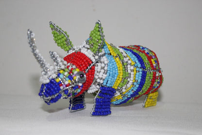 Mixed Colors beads and wire Rhino Sculpture. Unique African handmade animal figurines. 17cm x 8cm multi coloured Rhinoceros Art Decor.