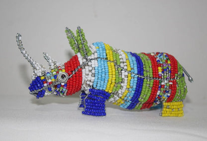 Mixed Colors beads and wire Rhino Sculpture. Unique African handmade animal figurines. 17cm x 8cm multi coloured Rhinoceros Art Decor.