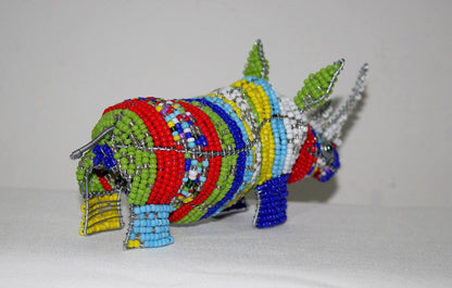 Mixed Colors beads and wire Rhino Sculpture. Unique African handmade animal figurines. 17cm x 8cm multi coloured Rhinoceros Art Decor.